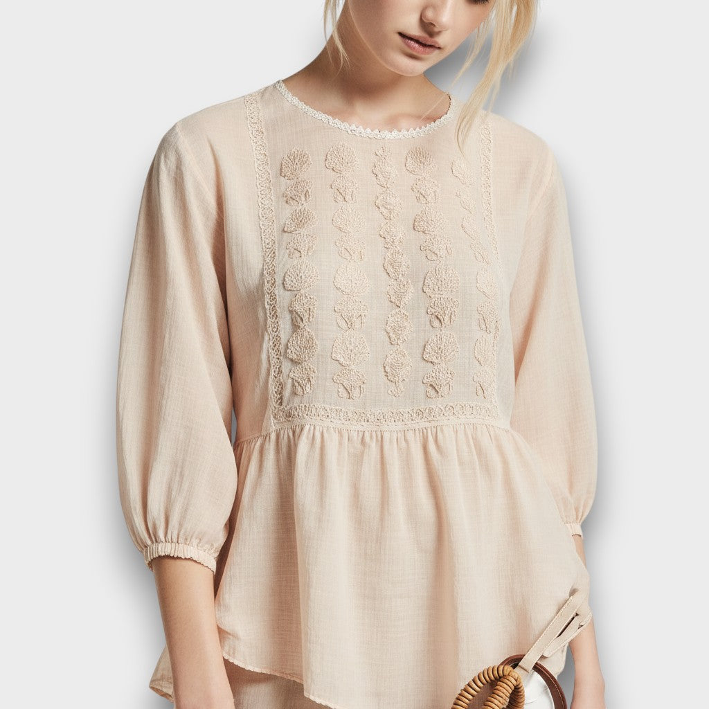 Elara Vintage Embroidery Peplum Blouse