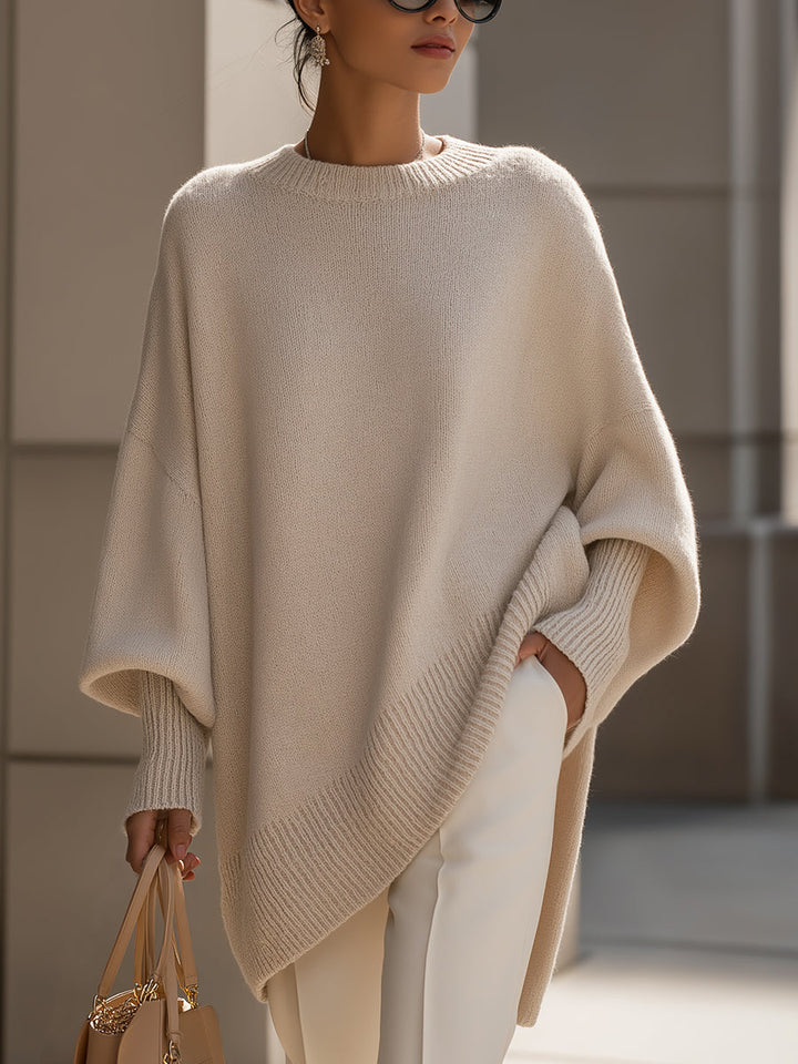 Sophie | Crew Neck Batwing Sleeve Asymmetric Knit Poncho Sweater