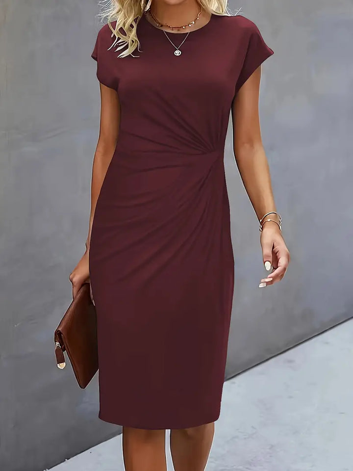 Audrey | Round Neck Ruched Waist Cap Sleeve Bodycon Midi Dress