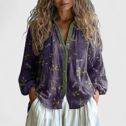 Iris | Floral Print V-Neck Button-Up Long Sleeve Shirt