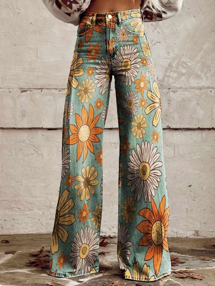 Flora | Retro Floral Print Wide-Leg Jeans