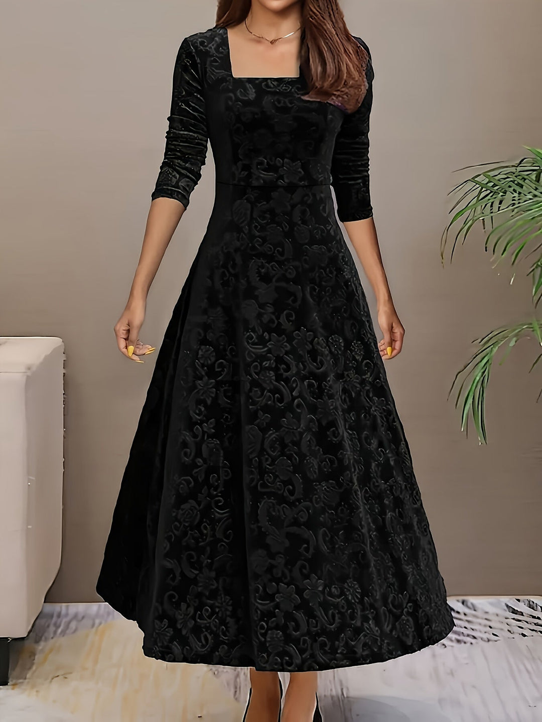 Victoria | Embossed Velvet Square Neck A-Line Midi Dress