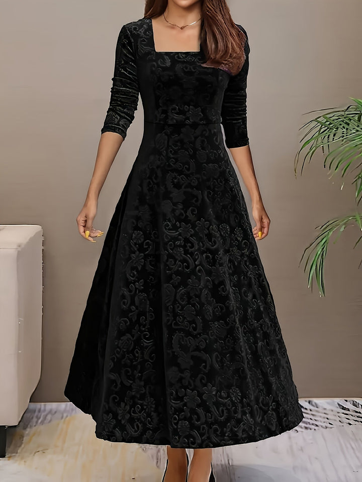 Victoria | Embossed Velvet Square Neck A-Line Midi Dress