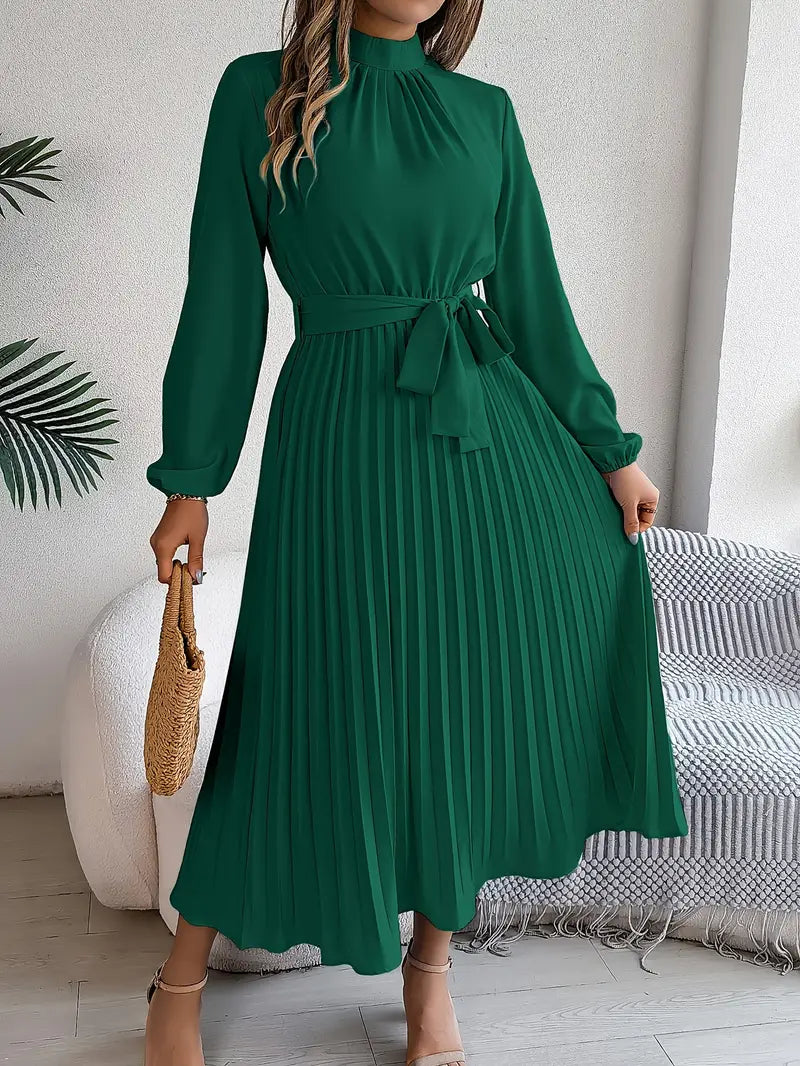 Celeste | Pleated Belted Mock-Neck Midi Dress