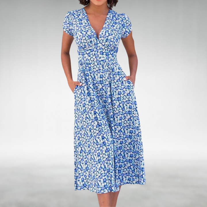 Daisie | Floral Print V-Neck Cap Sleeve Midi Dress