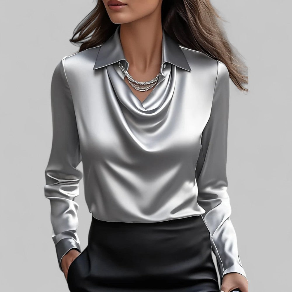 Lacey | Point Collar Cowl Drape Long Sleeve Fitted Satin Blouse