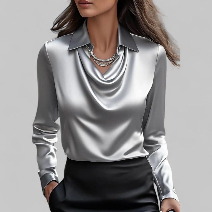 Lacey | Point Collar Cowl Drape Long Sleeve Fitted Satin Blouse