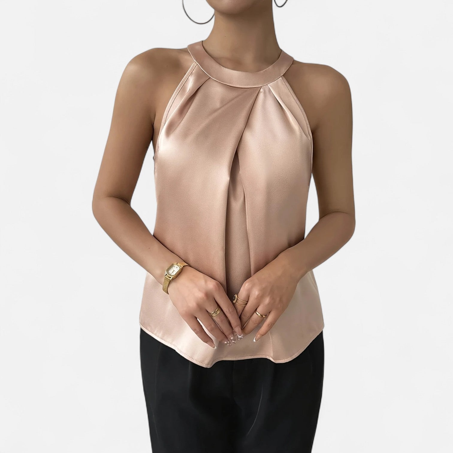 Hallie | Halter Neck Pleated Draped Sleeveless Satin Top