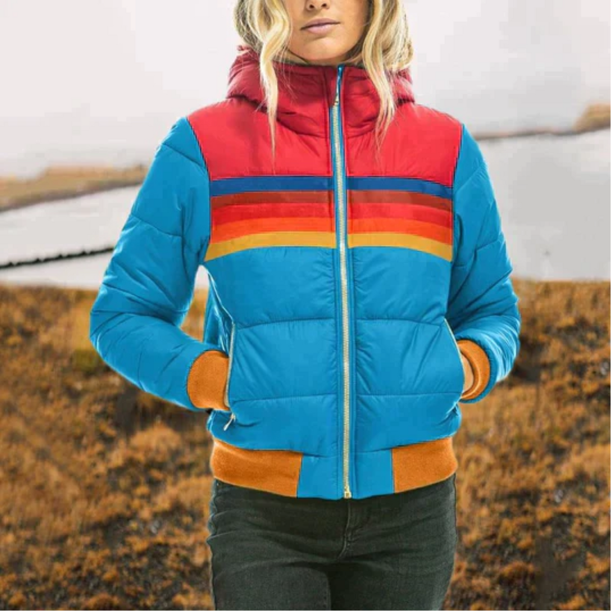 Raina | Rainbow Stripe Waterproof Quilted Jacket