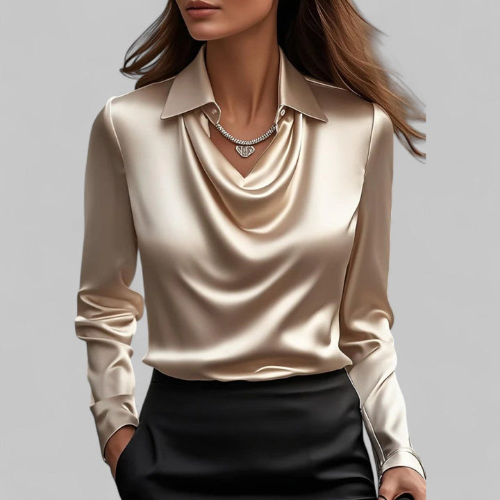 Lacey | Point Collar Cowl Drape Long Sleeve Fitted Satin Blouse
