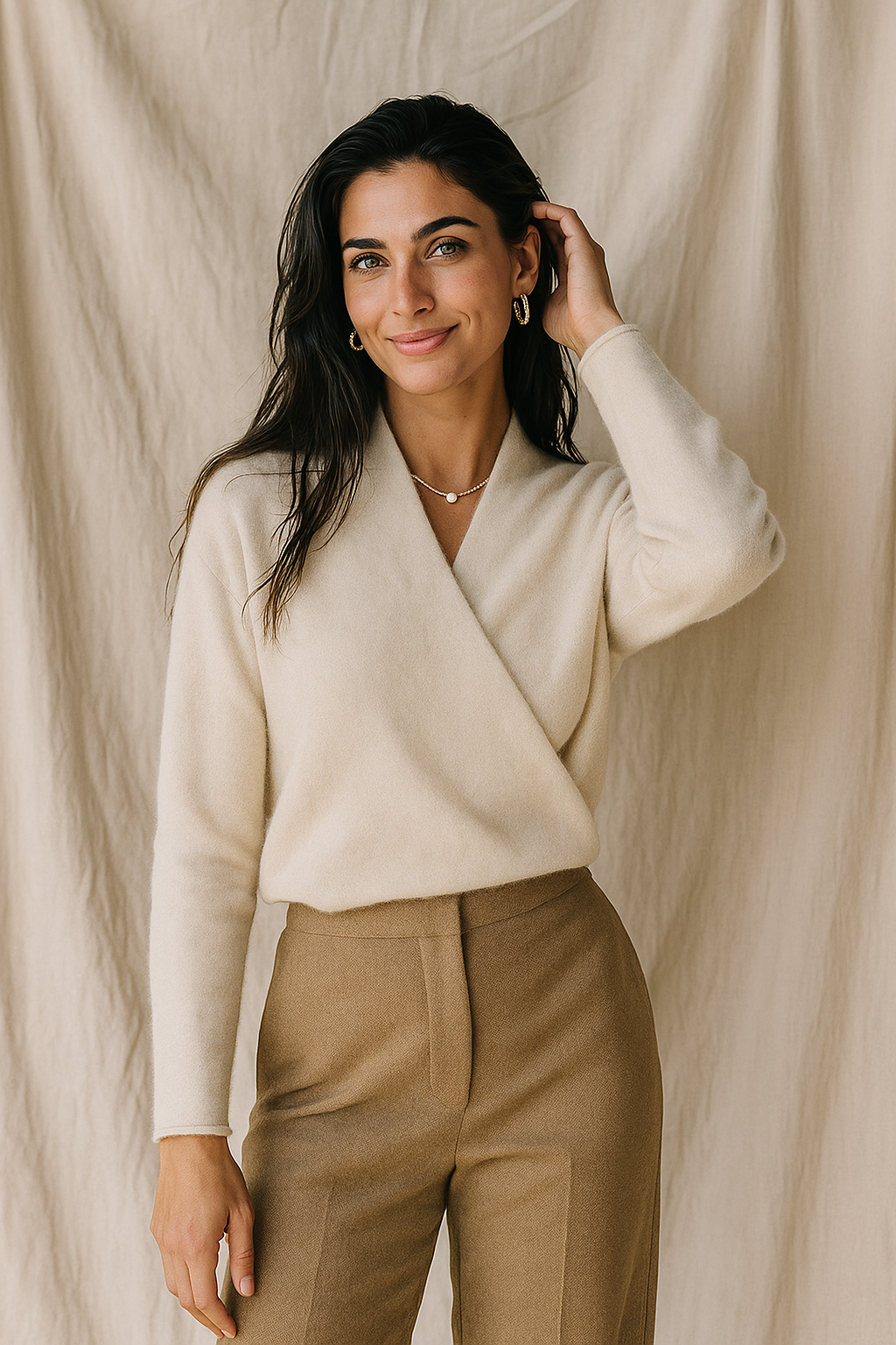 Camille | Wrap V-Neck Long Sleeve Relaxed Cashmere-Feel Knit Sweater