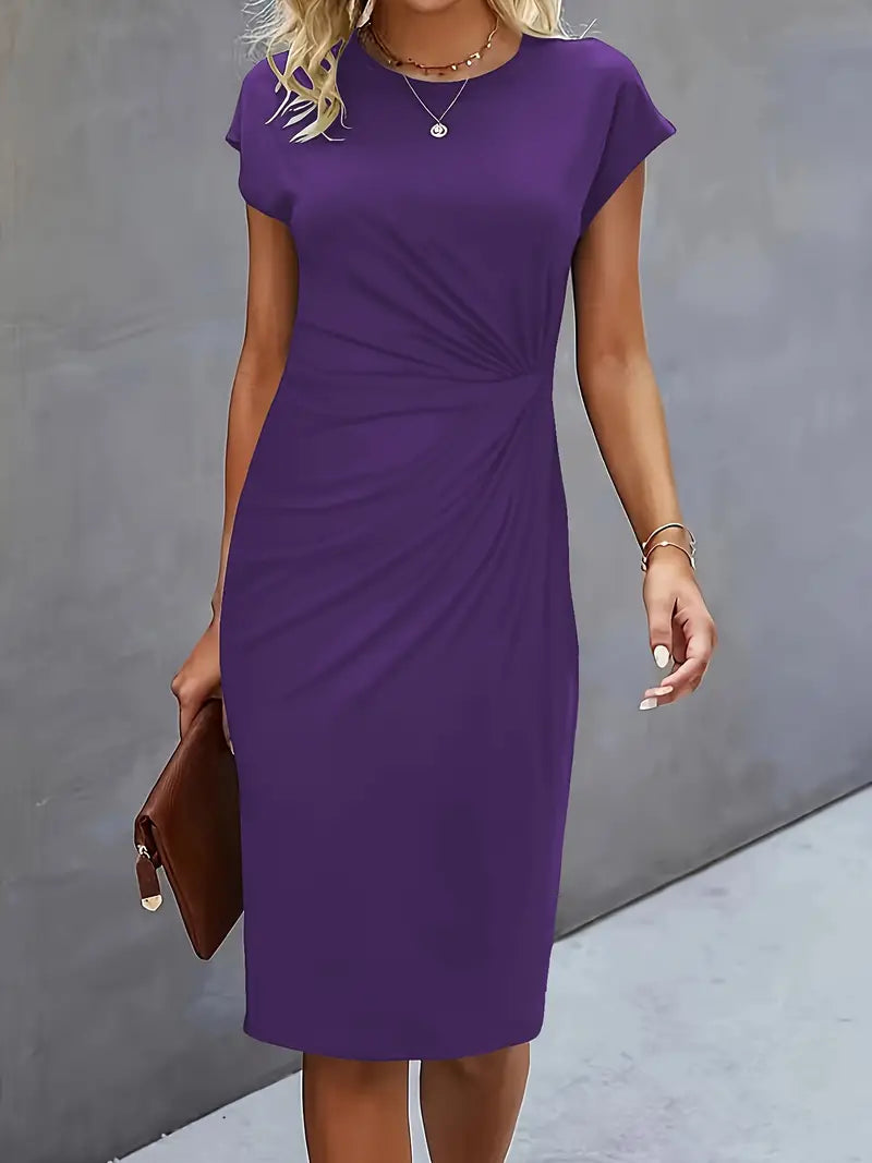 Audrey | Round Neck Ruched Waist Cap Sleeve Bodycon Midi Dress