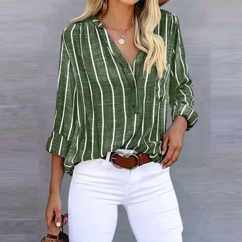 Tara | V-Neck Striped Button-Front Long Sleeve Relaxed Shirt