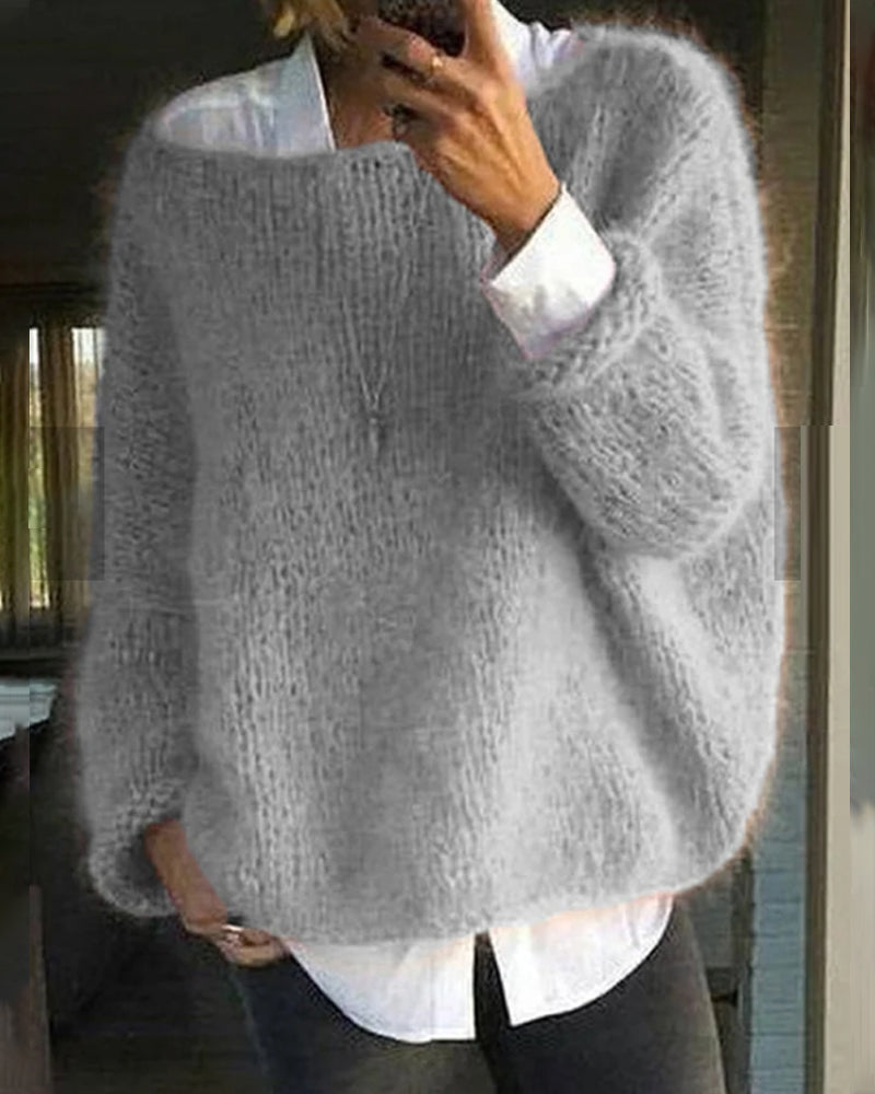 Lily | Crew Neck Batwing Sleeve Fluffy Mohair-Feel Knit Sweater
