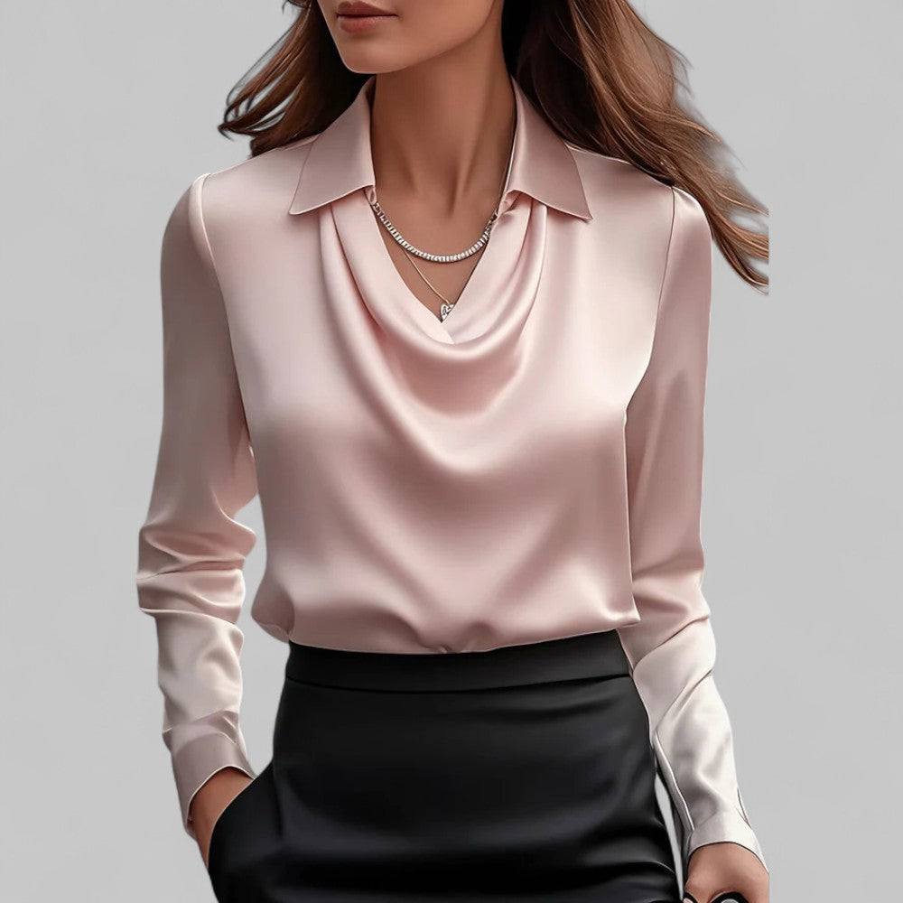 Lacey | Point Collar Cowl Drape Long Sleeve Fitted Satin Blouse