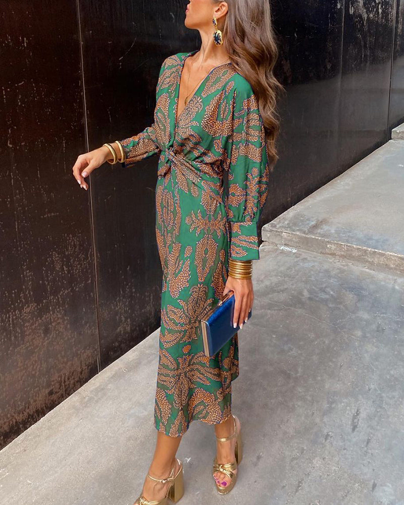 Maya | Botanical Print Twist-Knot Wrap Midi Dress