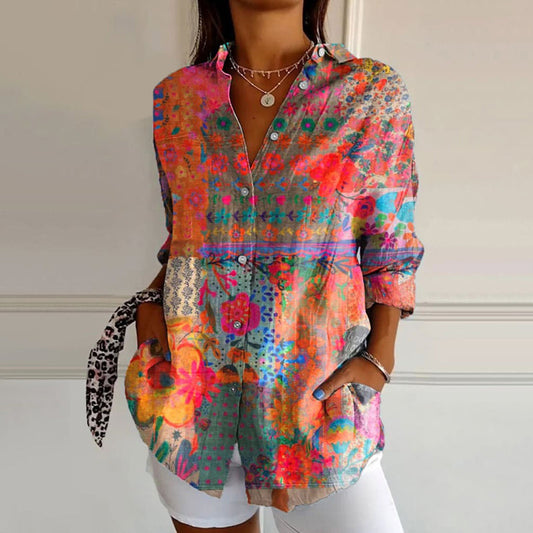Frida | Point Collar Floral Print Button-Front Long Sleeve Relaxed Blouse
