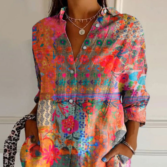 Frida | Point Collar Floral Print Button-Front Long Sleeve Relaxed Blouse
