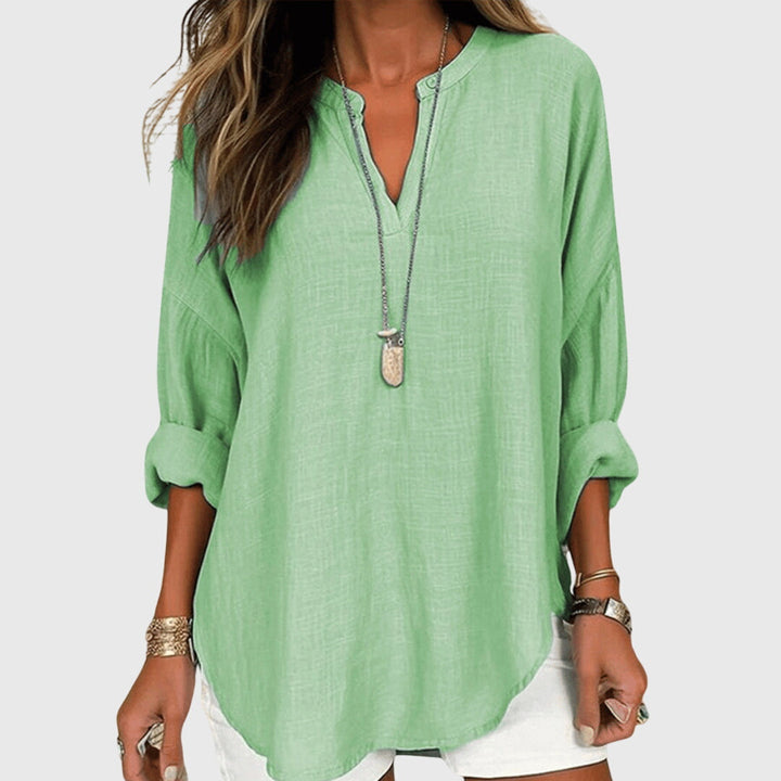 Breezy | V-Neck Henley Roll Sleeve Curved Hem Relaxed Linen Shirt