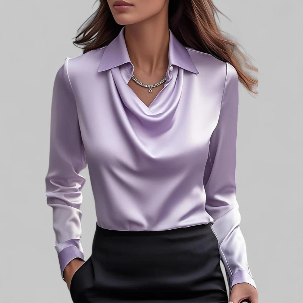 Lacey | Point Collar Cowl Drape Long Sleeve Fitted Satin Blouse