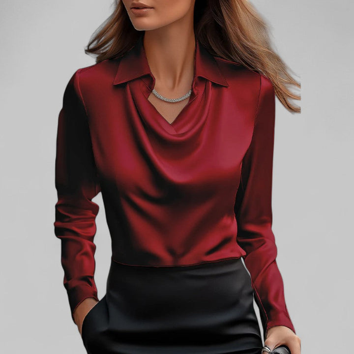 Lacey | Point Collar Cowl Drape Long Sleeve Fitted Satin Blouse