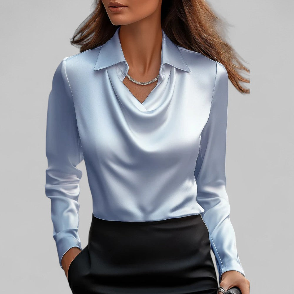 Lacey | Point Collar Cowl Drape Long Sleeve Fitted Satin Blouse