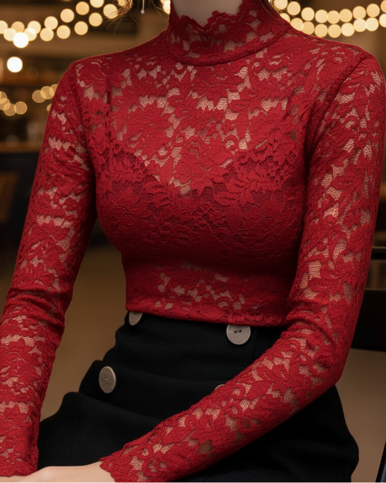 Belle | Floral Lace Mock-Neck Long Sleeve Blouse