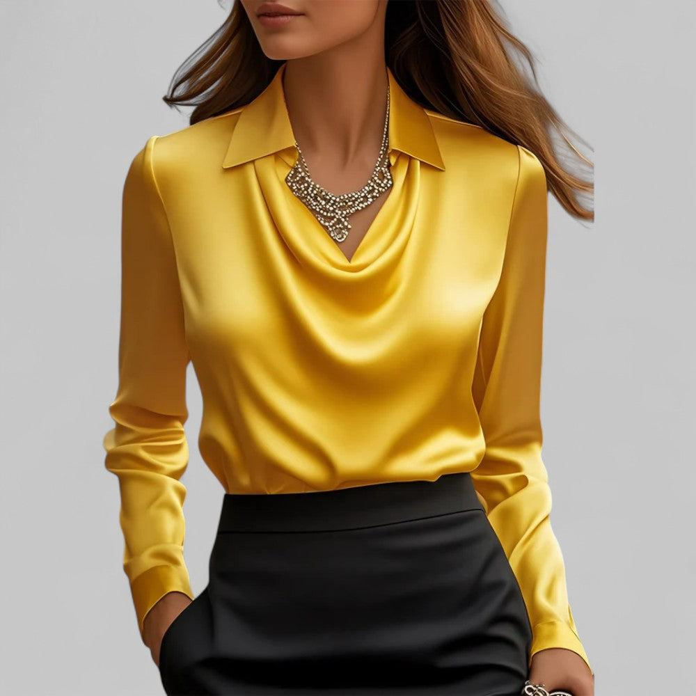 Lacey | Point Collar Cowl Drape Long Sleeve Fitted Satin Blouse