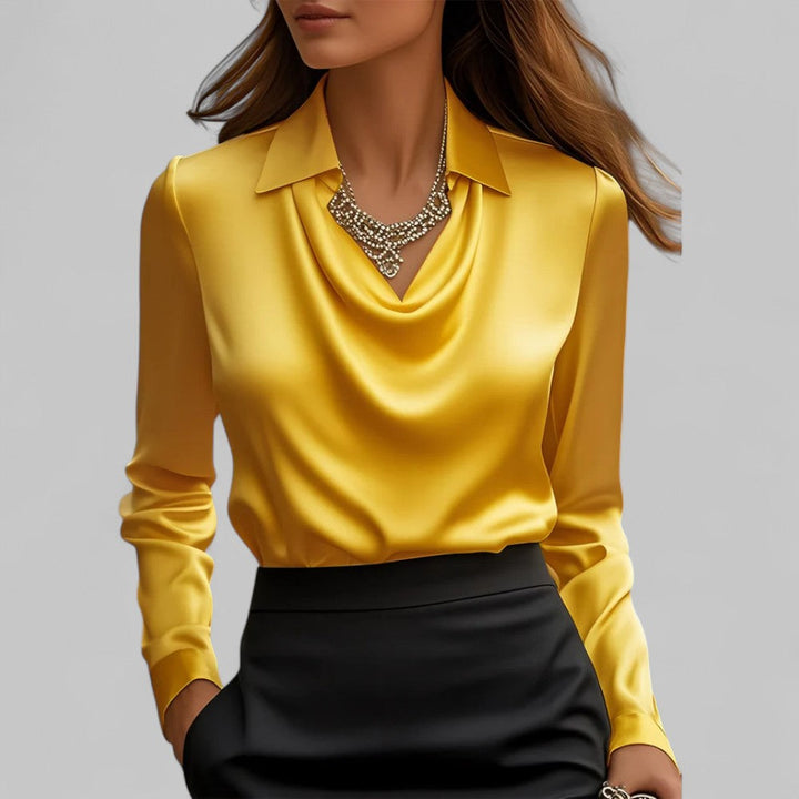 Lacey | Point Collar Cowl Drape Long Sleeve Fitted Satin Blouse
