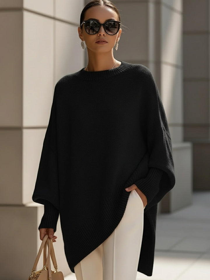 Sophie | Crew Neck Batwing Sleeve Asymmetric Knit Poncho Sweater