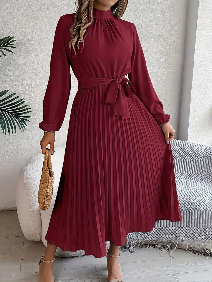 Celeste | Pleated Belted Mock-Neck Midi Dress
