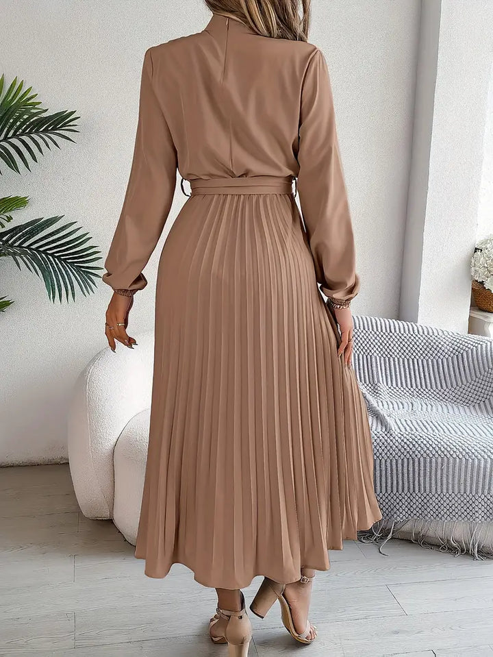 Celeste | Pleated Belted Mock-Neck Midi Dress