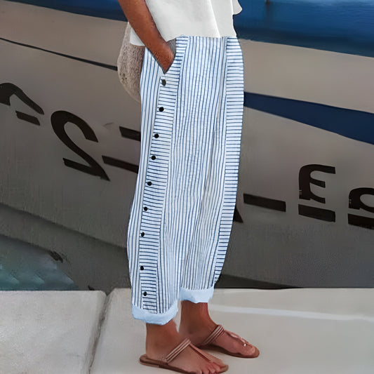 Solenne | Women's Striped Side Button Wide Leg Trousers