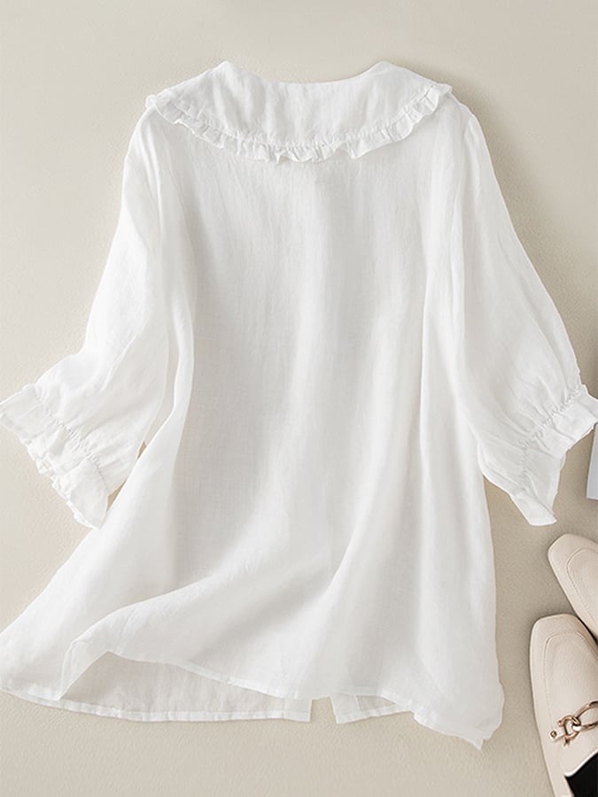 Fiona | Peter Pan Collar Ruffle Cuff Button-Front Three-Quarter Sleeve Linen Blouse