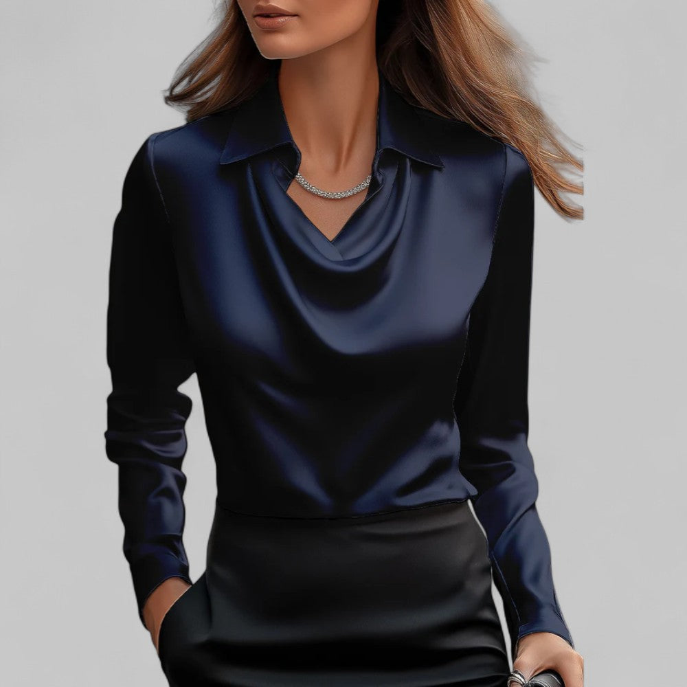 Lacey | Point Collar Cowl Drape Long Sleeve Fitted Satin Blouse