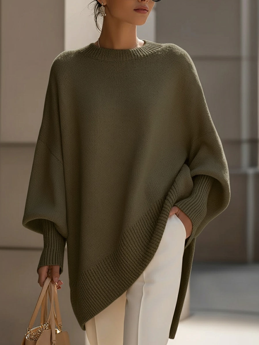 Sophie | Crew Neck Batwing Sleeve Asymmetric Knit Poncho Sweater