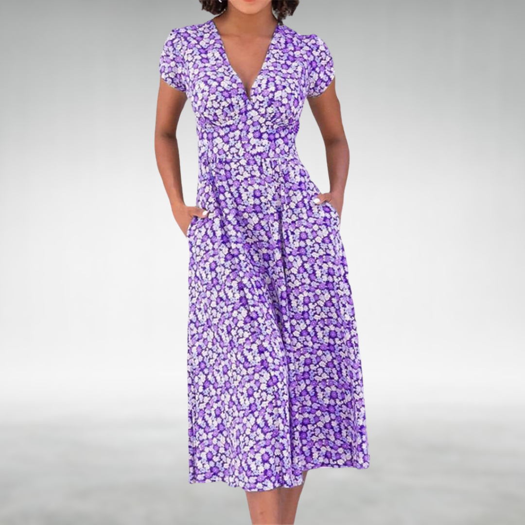 Daisie | Floral Print V-Neck Cap Sleeve Midi Dress
