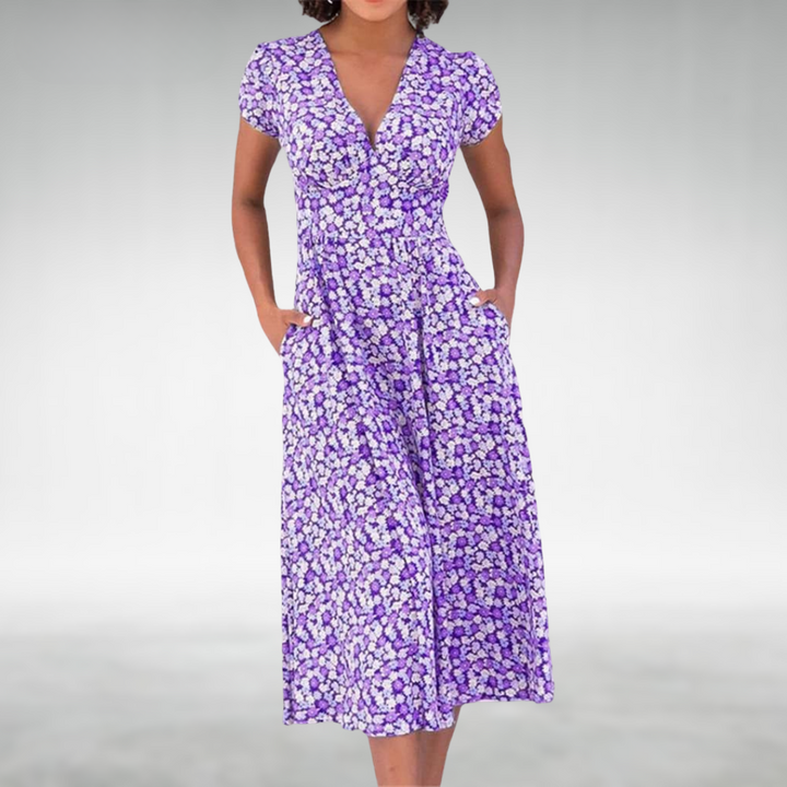 Daisie | Floral Print V-Neck Cap Sleeve Midi Dress