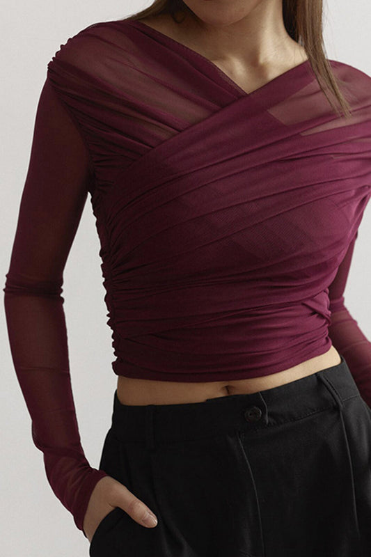 Vera | Mesh Overlay Crossover Ruched Long Sleeve Crop Top