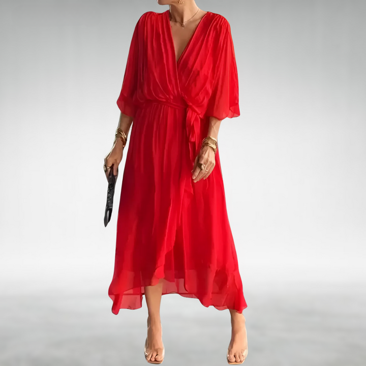Sage | Chiffon V-Neck Batwing Sleeve Belted Midi Dress