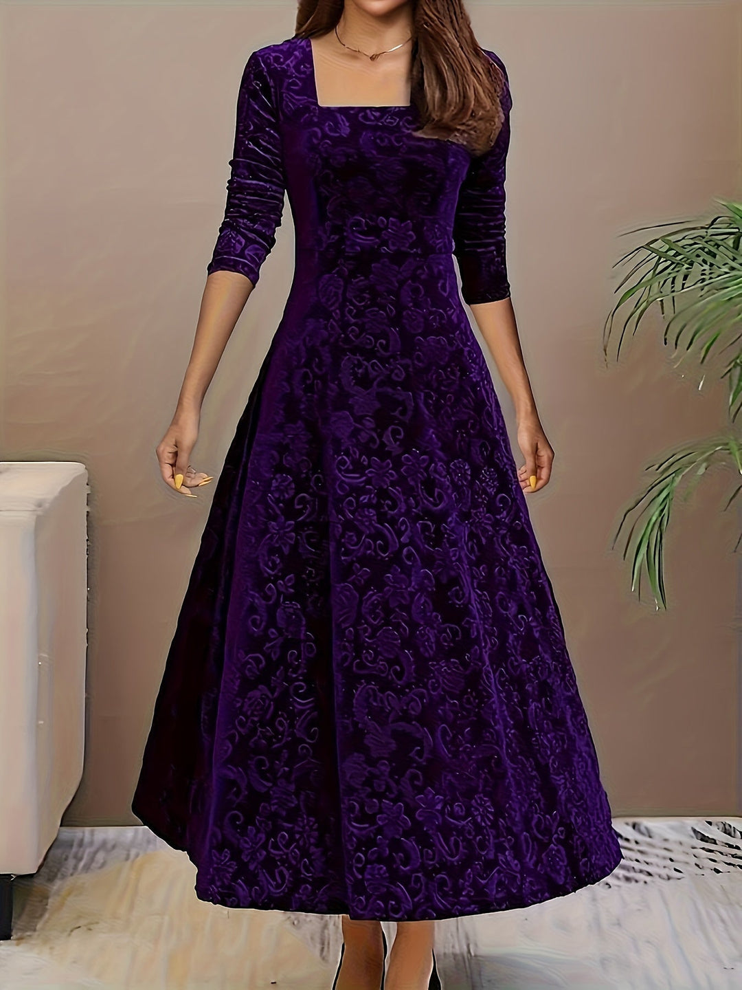 Victoria | Embossed Velvet Square Neck A-Line Midi Dress