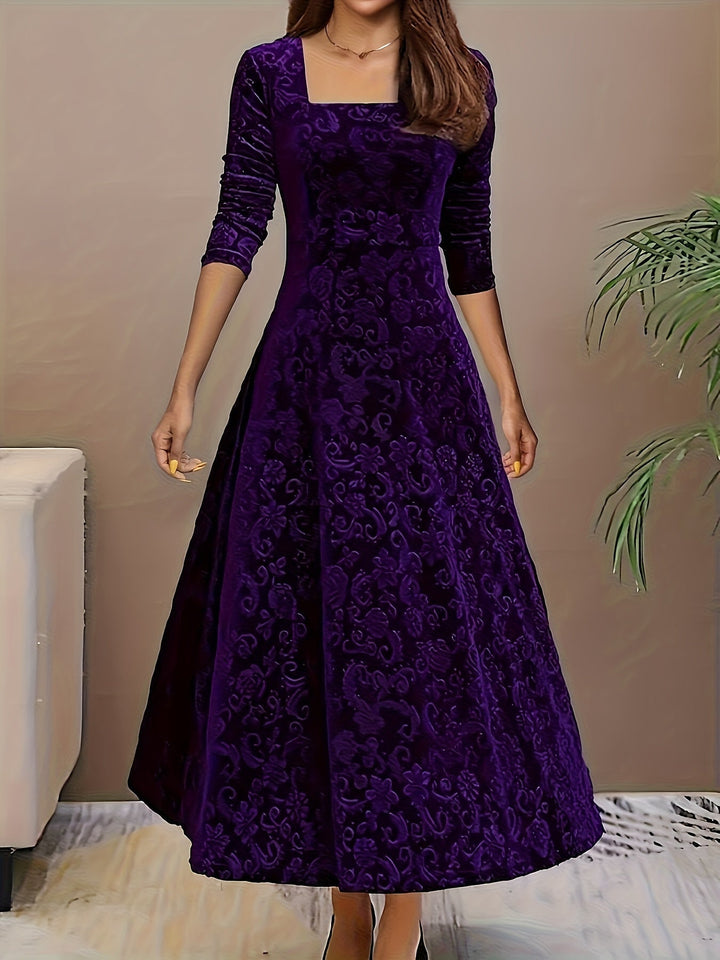 Victoria | Embossed Velvet Square Neck A-Line Midi Dress