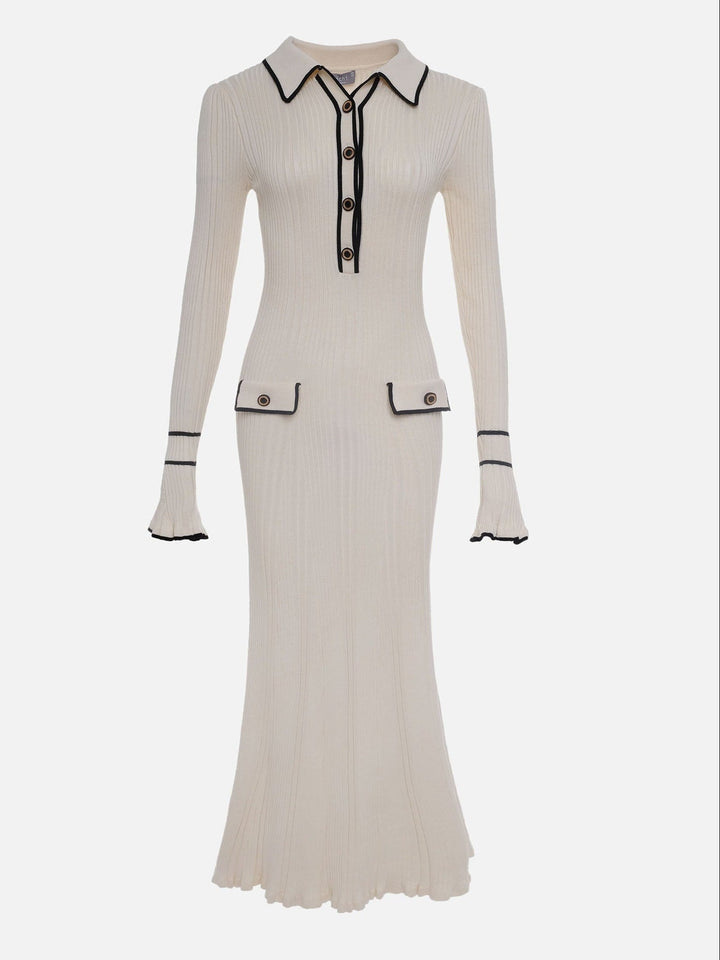Odette | Contrast Trim Polo Neck Ribbed Knit Midi Dress