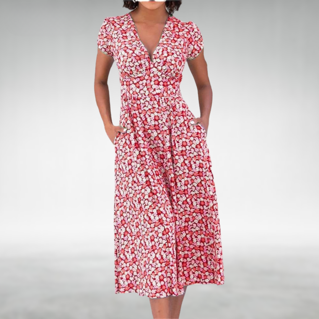 Daisie | Floral Print V-Neck Cap Sleeve Midi Dress