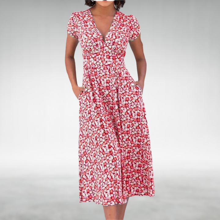Daisie | Floral Print V-Neck Cap Sleeve Midi Dress