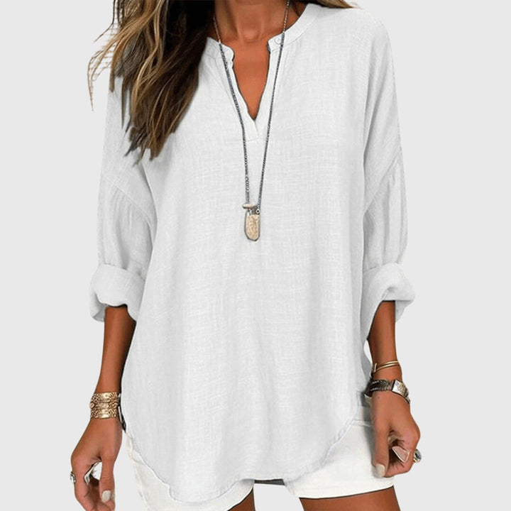 Breezy | V-Neck Henley Roll Sleeve Curved Hem Relaxed Linen Shirt
