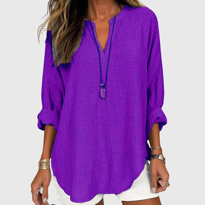 Breezy | V-Neck Henley Roll Sleeve Curved Hem Relaxed Linen Shirt
