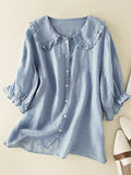 Fiona | Peter Pan Collar Ruffle Cuff Button-Front Three-Quarter Sleeve Linen Blouse