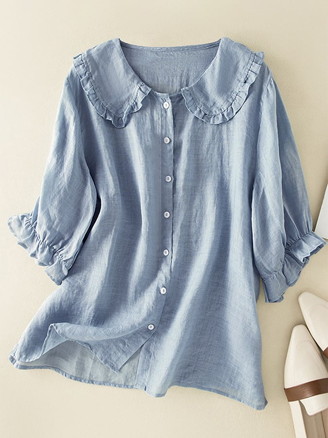 Fiona | Peter Pan Collar Ruffle Cuff Button-Front Three-Quarter Sleeve Linen Blouse