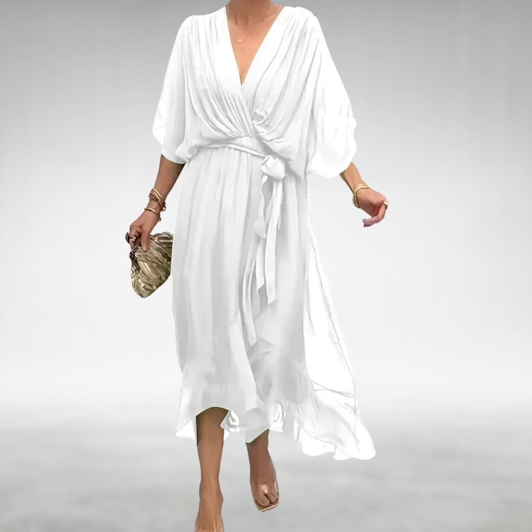 Sage | Chiffon V-Neck Batwing Sleeve Belted Midi Dress